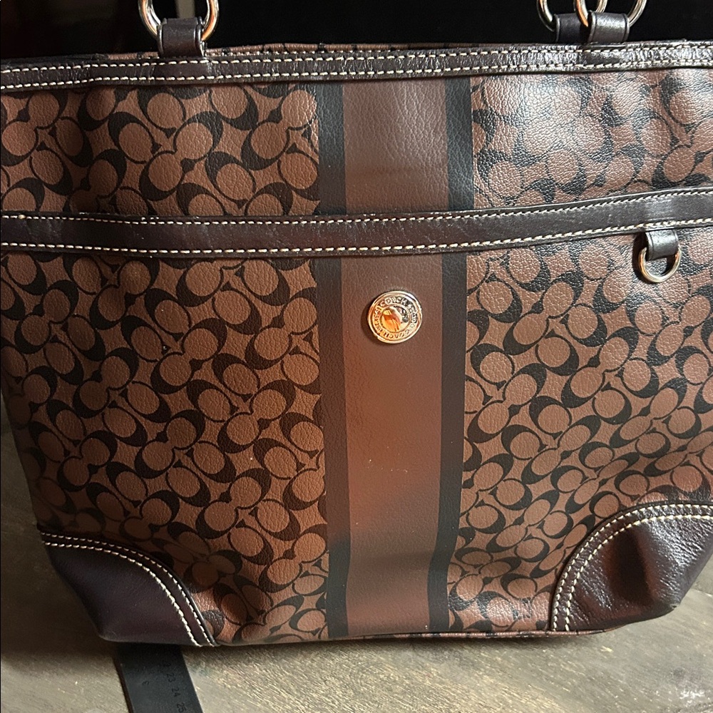 Coach Chelsea Heritage Signature Stripe tote‎ bag in brown and black leather - Picture 2 of 6